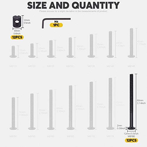 M6 x 80mm 24PCS Black Zinc Plated Hex Socket Cap Bolts Crib Bolts and Barrel Nuts Cross Dowel Replacement for Crib Cots Beds Chair Table Desk Furniture