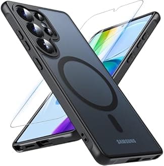 OWKEY - Magnetic Case for Samsung Galaxy S25 6.86 inch, Compatible with Magsafe, Tempered Glass Screen, Military Grade Shockproof Translucent Back, Black