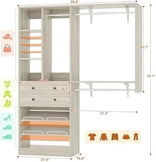 Closet System - 5FT Small Closet System with Drawers, 60" Closet Organizer System with Reversible Hanging Shelving, Closet Systems for Small/Walk-in Closets, Greige Oak