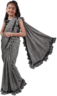 Kids Girls Lycra Blend Saree With Unstitched Sequence Blouse Piece (3-4 yrs to 11-12 yrs) (Grey, 5-6 Years - M)