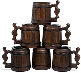 MyFancyCraft ビアマグ 6個セット 10オンス - コーヒーマグ - ビールジョッキ - 木製ビールジョッキ - ステンレススチールカップ - 男性へのハンドメイドギフト - 父の日 クリスマス 誕生日ギフト - メンズマグ - クラシックブラウン
