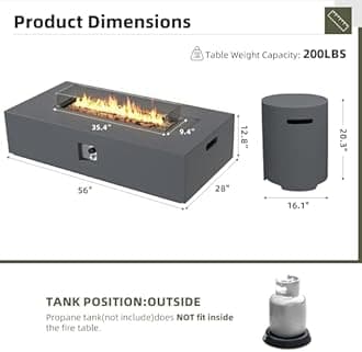 UPHA 56-inch Outdoor Propane Gas Fire Pit Table 50000 BTU Concrete Rectangle FirePit for Outside Patio with Propane Tank Cover, Wind Guad, Lava Rocks, Rain Cover, Grey