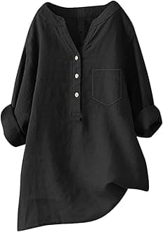 Linen Shirts for Women 2025 Buttons V Neck Cloths Long Sleeve Pockets Tshirt Trendy Dressy Blouses Casual Tunic Tops