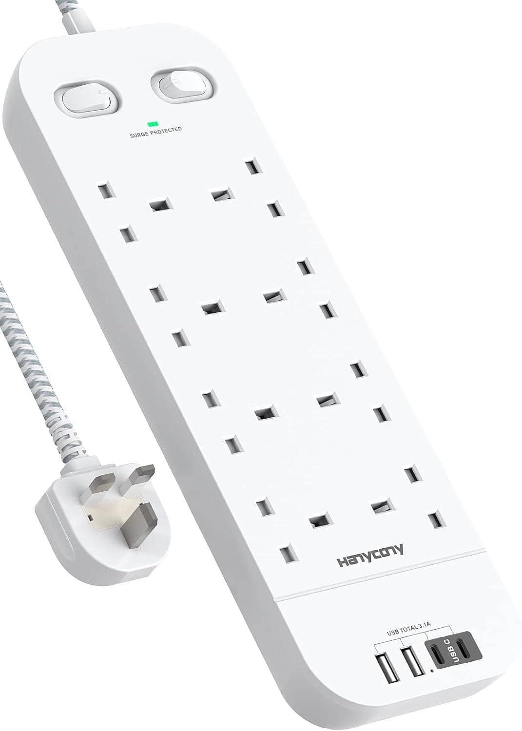 Extension Lead with 2 USB C Slots, 8 Way Outlets Power Strip with 4 USB Ports, 1800J Surge Protection Double Switch Plug Extension with 1.8M Braided Extension Cord for Home, Office