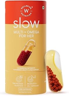 Slow | Multivitamin for Her | 100% RDA of 22 Essential Vitamins & Minerals | Astaxanthin & Cranberry in Vegan Omega Oil | Energy, Immunity, Skin & Hair, PMS Support (60 Capsules)