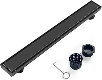 Elefloom Offset Linear Shower Drain, Black Shower Drain 24 inch with 2-in-1 Tile Insert Cover, Brushed 304 Stainless Steel Side Outlet Black Shower Floor Drain with Hair Catcher and Adjustable Feet
