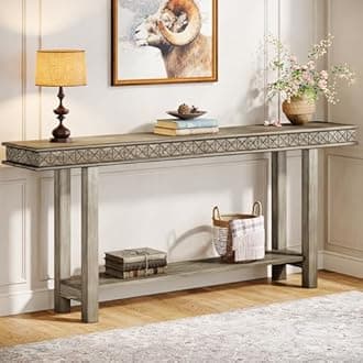 Tribesigns 70.9-Inch Solid Wood Extra Long Console Table, Wood Sofa Table Behind Couch Narrow Long, 2-Tier Entryway Accent Table with Storage for Living Room, Hallway, Entrance, Foyer, Grey (Grey)