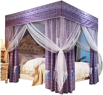 Bed Curtain Four Poster Bed Canopy Mosquito Net Double Layer Princess Blackout Curtains Canopy with Frame 18 - Hole Mesh Design Exquisite Bedroom Decoration (purple,150 * 200 * 200)