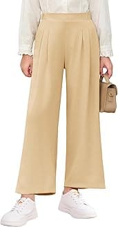 Haloumoning Girls High Waisted Uniform Pants Kids Wide Leg Dress Pants Casual Trousers with Pockets 5-14 Years