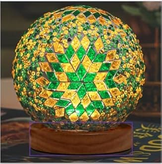 Turkish Table lamp (D:4.7" x H:5.2"),Mosaic Glass Lamps with Wooden Base, Bohemian Tiffany Bedside Lamps, USB power Moroccan Lantern for Living Room Halloween Decorations (Boho - Green, Boho)