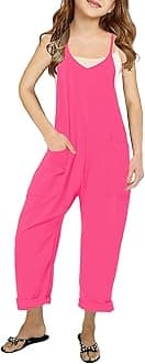 Girls' Casual Sleeveless Jumpsuits Spaghetti Strap Loose Romper Long Pants with Pockets