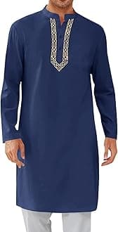 Mens Kaftan Thobe Button Down Casual Henley Shirts Long Sleeve Robe Cotton Linen Muslim Gown Shirt