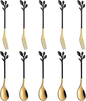 AnSaw Stainless Steel Black & Gold Leaf Coffee Spoon Cake Fork- 10 Pcs Creative Tableware Dessert Spoons, Premium Food Grade Stainless Steel,Mirror Finish & Dishwasher Safe (Black gold-5Spoon+5Fork)