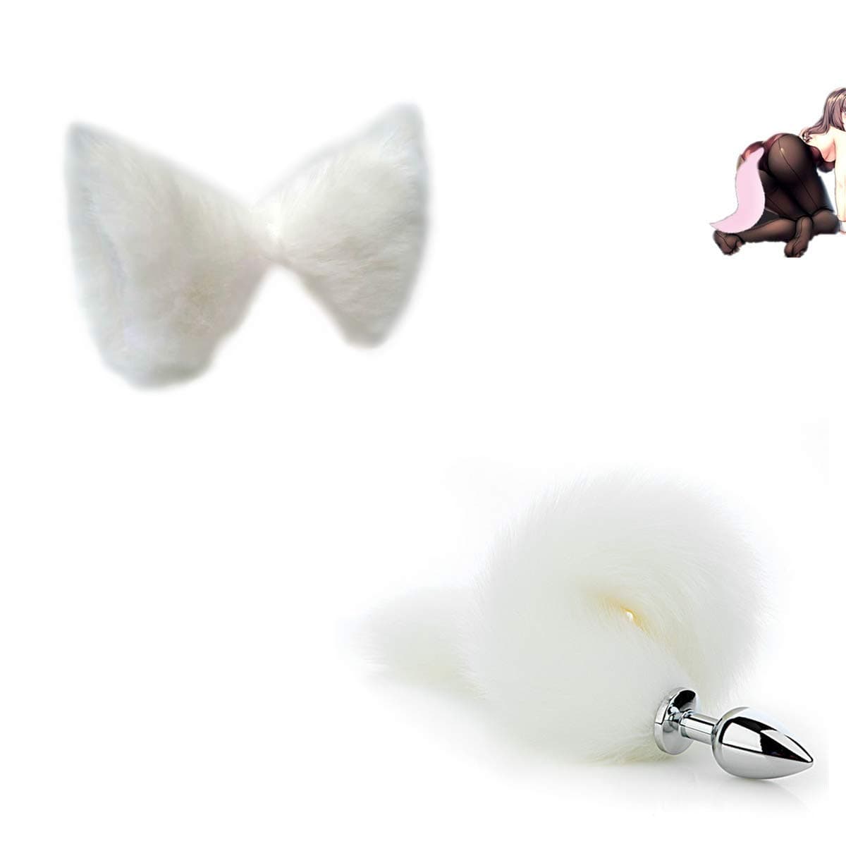 2 PCS,Black Red Mysterious Fox Tail and Lovely Ears (White)