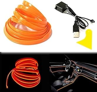 El Wire Orange Interior Car LED Strip Lights, 5M Neon Wire USB 5V with Fuse Protection for Automotive Interior Decoration, with 6mm Sewing Edge