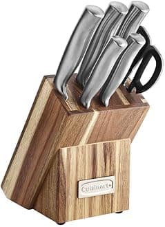 C77SS-7P Stainless Steel 7-Piece Prep Knife Set Acacia Block Precision Cut Blades, Ergonomic Handles