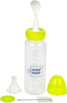 Mee Mee Baby Feeding Bottle with Spoon| BPA Free| Easy to Squeeze Bottle| Storage Friendly| Multifunctional Anti-Colic Feeding Bottle with Spoon|0 Months to 3 Years Baby/Kids 250ml Capacity(Green)