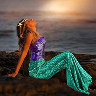 Newcotte 4 Pcs Mermaid Costume for Women Sequin Tube Top Skirt Pearl Waist and Head Chain for Halloween Cosplay