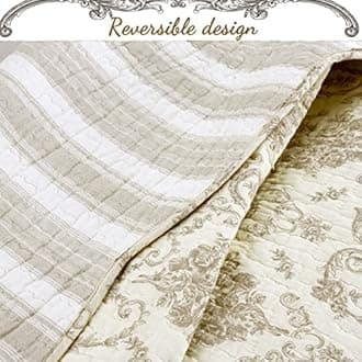 Cozy Line Home Fashions French Medallion 100% Cotton Bedding Quilt Set, Beige Ivory Rose Flower Reversible Coverlet Bedspread for Bedroom/Guestroom, Gifts for Women Men(Cream Eggnog, Queen -3 Piece)