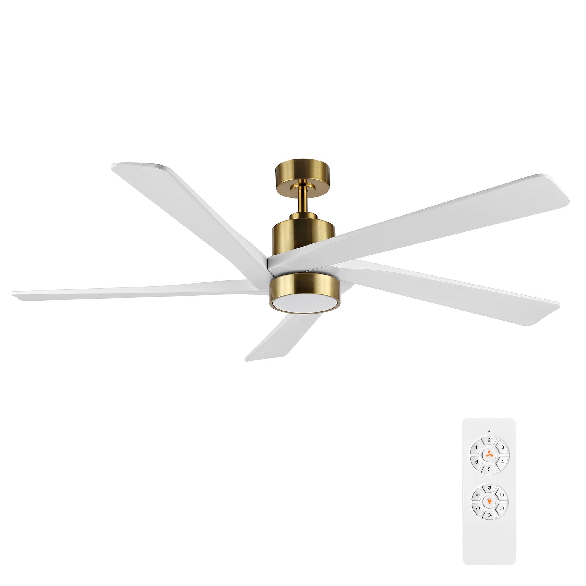 WINGBO 64 Inch DC Ceiling Fan with Lights and Remote Control, 5 Reversible Carved Wood Blades, 6-Speed Noiseless DC Motor, Modern Ceiling Fan in Brass Finish with White Blades, ETL ListedCarbonfree Certified