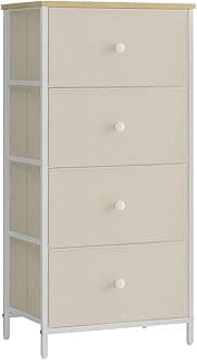 SONGMICS Chest of Drawers Bedroom, Drawer Storage Unit, Dresser with 4 Fabric Drawers, Metal Frame, Tall and Slim, for Closet, Camel Yellow and Cream White LTS314W01
