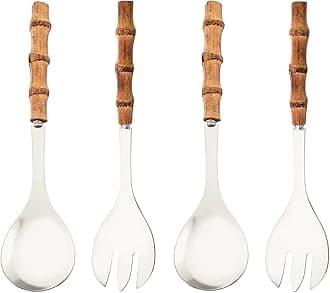 Serving Spoon and Fork Set, 304 Stainless Steel Serving Utensils with Natural Bamboo Handle, 10" Long Handle Serving Set for Kitchen Party Buffet, 4 Pieces / 2 of Each
