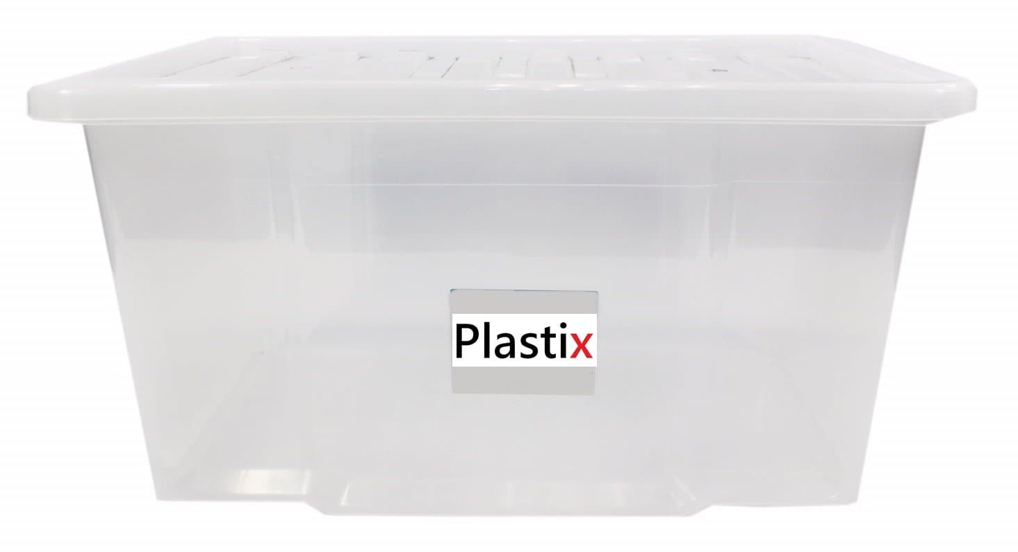Plastix Clear Plastic Storage Box Boxes With Lids Home Office Stackable UK Made (50 LITRE, With Clear Lid)