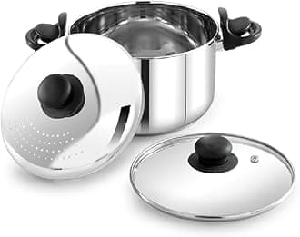 5.0L Stainless Steel Strainer Pot with Glass Lid (24 CM) – Induction Base Multi-Purpose Cooking Pot for Pasta, Rice, Noodles, Vegetables – Pasta Pot, Anti-Locking, Dishwasher Safe