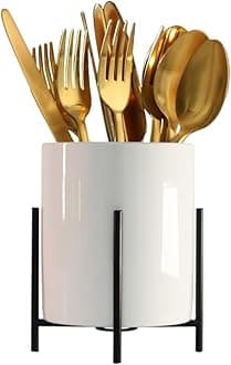 Cutlery holder,Flatware Organizer for kitchen and Dining Room,White Ceramic with Metal Stand Cutlery Racks(10 * 15cm)