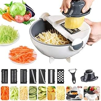 Rotate Vegetable Cutter, 9 in 1 Multifunction Vegetable Slicer with Drain Basket Large Capacity Vegetables Chopper Portable Veggie Shredder Grater