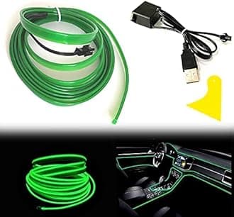 El Wire Green Interior Car LED Strip Lights, 5M Neon Wire USB 5V with Fuse Protection for Automotive Interior Decoration, with 6mm Sewing Edge