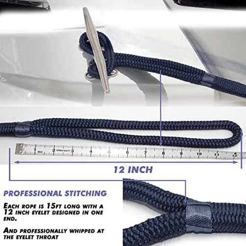 Double-Braided Nylon Dock Line (Black, L: 15 ft. D: 1/2 inch Eyelet: 12 inch, 4 Count)- 6194 lbs Breaking Strength.Hi-Performance Marine Boats Mooring Rope Dock Line