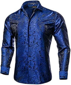 DiBanGu Mens Silk Paisley Dress Shirts,Long Sleeve Button Down Shirt Casual Regular Fit Shirt for Men Wedding Party