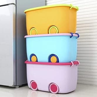 STAR WORK 25 Liters Toy Storage Box Large Size Toy Storage Organiser Toy Basket Storage for Kids Toy Basket for Kids Big Size (Pack Of 3 Stackable Wheels Locking Lid & Handle Color mat vary)
