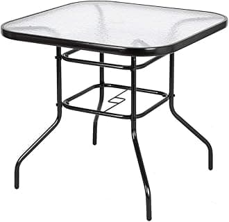VINGLI Outdoor Dining Table, 32" Square Patio Bistro Tempered Glass Table Top with Umbrella Hole, Outside Banquet Furniture for Garden Pool Side Deck Lawn
