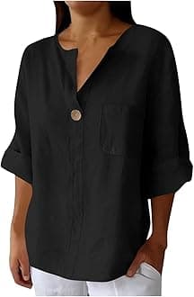 Women's Linen Shirt Button Down V Neck Trendy Solid Blouse 3/4 Sleeves Casual Loose Fit Tunic Tops Summer T Shirts