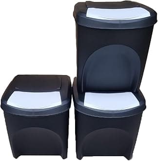 Large Stackable Recycling Bins Set of 3x25L (Brand KrysGo) - Customizable Lids with Recycling Stickers - Waste Sorting for Home, Kitchen, Office (Black + White)