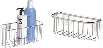 iDesign Basket with Suction Cups, Small Metal Shelf & 60972EU Sink Caddy with Strong Suction Cups, Small Sponge Holder Made of Coated Metal, Compact Soap Holder, Matte Silver