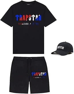 YOUPO Trapstar Letters Printed Casual Sportswear Suit, Men and Women T-Shirt + Shorts + Hat 3 Piece, Loose Jogging Short Sleeve Tracksuits (Color : A, Size : Large)