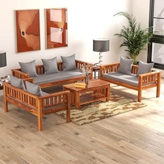 Sheesham Wood 7 Seater Low Height Sofa Set with Coffee Table for Living Room Wooden Sofa Set for Living Room Furniture | Grey Cushion (3+2+2 Honey Finish)