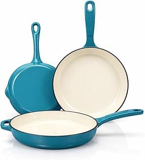 Hisencn Enameled Cast Iron Frying Pan Set, 3 Piece Set of Skillets(8''/9.5''/11''), PFAS & PTFE & PFOA -Free, Gas/Induction/Electric/Oven Compatible, Biscay Blue