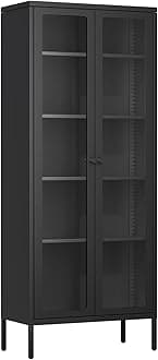 Oakcloud 67" Metal Glass Display Cabinet, Storage Cabinet for Collectibles, Curio, China, Books, Glass Doors Display Case with 4 Adjustable Shelves for Home Office, Living Room, Pantry (Black)