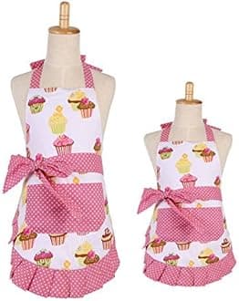 G2PLUS Apron for Women with Pockets, Extra Long Ties, Cupcake Apron, Perfect for Kitchen Cooking, Baking and Gardening, 70cm x 50cm (Mama and Me Set)