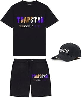 Trapstar Letters Printed Casual Sportswear Suit, Men and Women T-Shirt + Shorts + Hat 3 Piece, Loose Jogging Short Sleeve Tracksuits (Color : F, Size : X-Large)