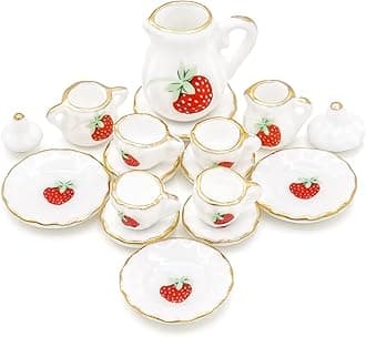 Odoria 1/12 Miniature Porcelain Tea Set 15Pcs Dollhouse Decoration Accessories, Strawberry