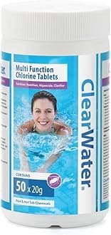 Clearwater 1 kg Multifunction Chlorine Tablets, 4-in-1 Dispenser Tablets (Sanitiser, Stabiliser, Algaecide and Clarifier) for Pools and Hot Tubs, 50 x 20 g, White