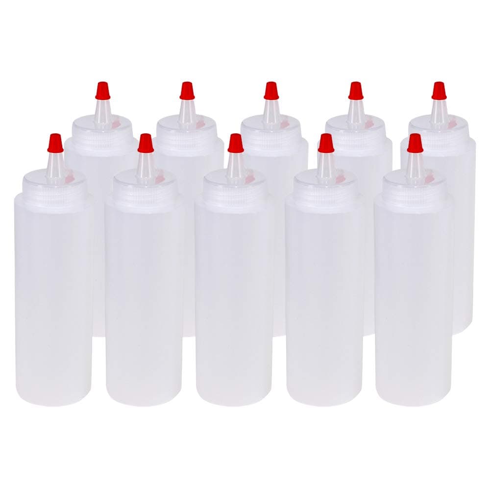 10 Pack 8-Ounce Plastic Squeeze Bottles with Red Tip Caps for Food, Crafts, Art, Multi Purpose