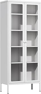 Oakcloud 67" Metal Glass Display Cabinet, Storage Cabinet for Collectibles, Curio, China, Books, Display Case with Glass Doors and 4 Adjustable Shelves for Home Office, Living Room, Pantry (White)