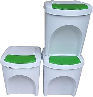 Large Stackable Recycling Bins Set of 3x25L (Brand KrysGo) - Customizable Lids with Recycling Stickers - Waste Sorting for Home, Kitchen, Office (White + Green)