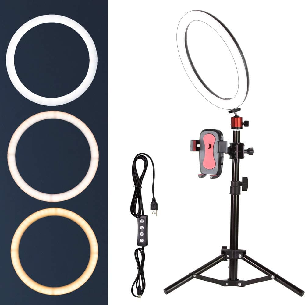 10" Selfie Ring Light with Tripod Stand for Live Stream,Makeup,Nugilla Led Desktop Ring Light,Mini LED Camera Light with Cell Phone Holder Desktop LED Lamp with 3 Light Modes & 11 Brightness Level.